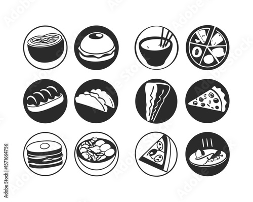 Extensive collection of vector icons representing diverse international cuisines and food items perfect for menus cookbooks websites and culinary themed designs offering a global gastronomic