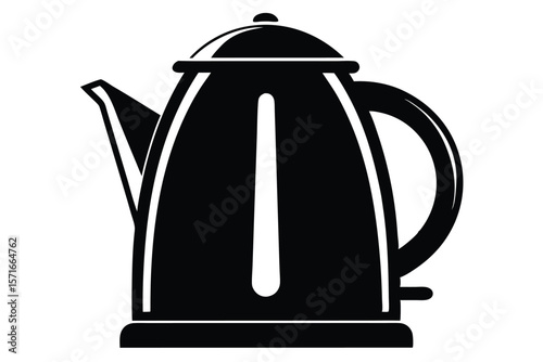 Black Electric Kettle Illustration with Handle, Spout, Base, and Water Level Indicator