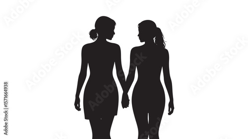 Silhouette of two women holding hands symbol of friendship unity support trust and strong female connection