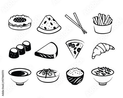 Extensive icon collection featuring diverse international foods perfect for menus cookbooks websites and culinary themed designs includes various cuisines and dishes in a consistent vector