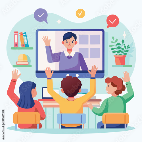 Online learning illustration depicting a teacher on screen and students participating actively in a virtual classroom