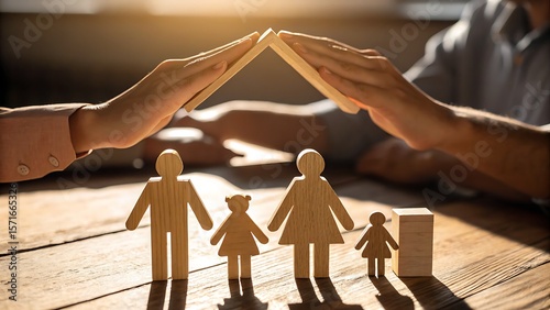 Photo of two hands gently create a houselike structure over a wooden family, representing family care and security