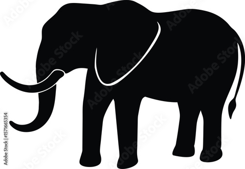 A standing African elephant with large ears and curled trunk in still pose silhouette Vector