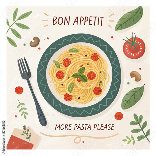 Italian pasta. Vector fun modern food art illustration of pasta, plate of spaghetti, tomato, typography, fork for kitchen or cafe wall poster, background, decor. More pasta please. Bon Appetit