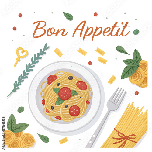 Italian pasta. Vector fun modern food art illustration of pasta, plate of spaghetti, tomato, typography, fork for kitchen or cafe wall poster, background, decor. More pasta please. Bon Appetit