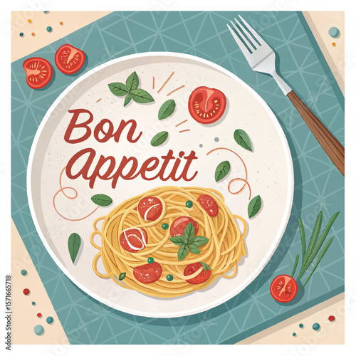Italian pasta. Vector fun modern food art illustration of pasta, plate of spaghetti, tomato, typography, fork for kitchen or cafe wall poster, background, decor. More pasta please. Bon Appetit