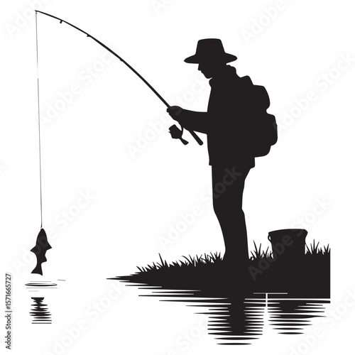 Silhouette of a fisherman wearing a hat and backpack catches a fish on a white background