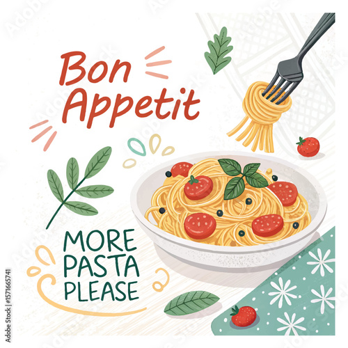 Italian pasta. Vector fun modern food art illustration of pasta, plate of spaghetti, tomato, typography, fork for kitchen or cafe wall poster, background, decor. More pasta please. Bon Appetit