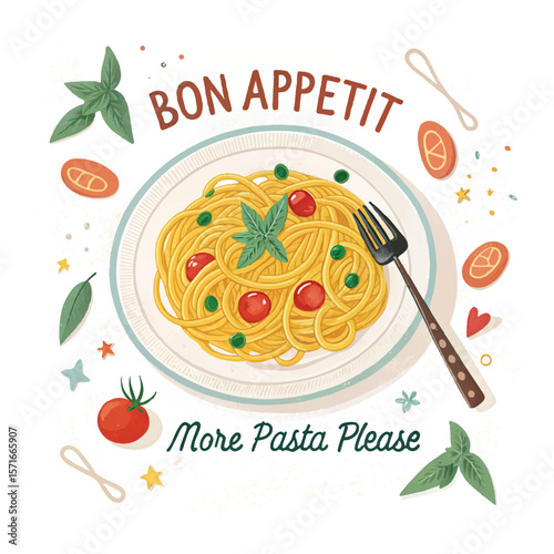 Italian pasta. Vector fun modern food art illustration of pasta, plate of spaghetti, tomato, typography, fork for kitchen or cafe wall poster, background, decor. More pasta please. Bon Appetit