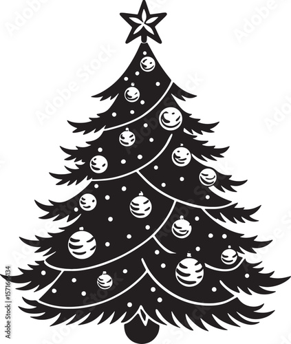 Stylized black silhouette of a decorated christmas tree with ornaments