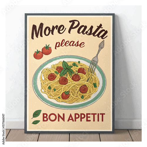 Italian pasta. Vector fun modern food art illustration of pasta, plate of spaghetti, tomato, typography, fork for kitchen or cafe wall poster, background, decor. More pasta please. Bon Appetit