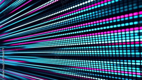 Animation of an LED or pixel panel, where bright stripes of blue, purple and white light create the effect of movement and energy. The video conveys a sense of data flow, speed.
