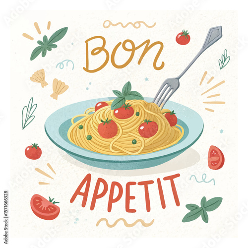 Italian pasta. Vector fun modern food art illustration of pasta, plate of spaghetti, tomato, typography, fork for kitchen or cafe wall poster, background, decor. More pasta please. Bon Appetit