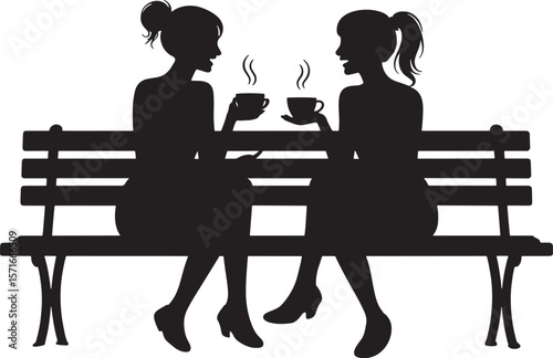 Silhouette of Women Sitting on Bench Drinking Coffee for Friendship Conversation and Social Design