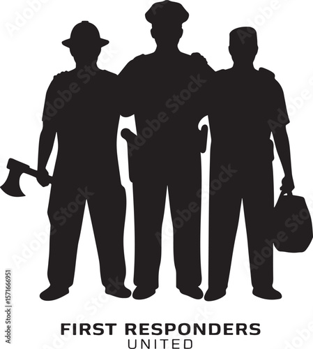Silhouette of first responders united firefighter police officer and paramedic standing together illustration