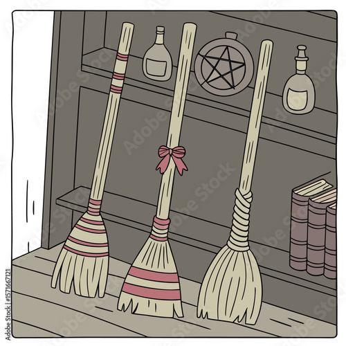 Three decorated brooms stand on a shelf with bottles, books, and a pentagram decoration on the wall