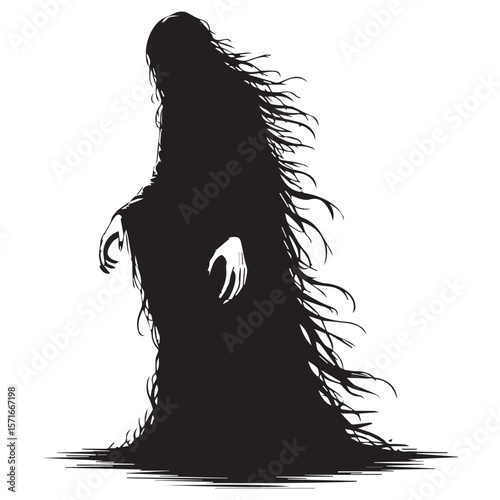 Silhouette of a terrifying dark figure with flowing hair and sharp claws reaching out