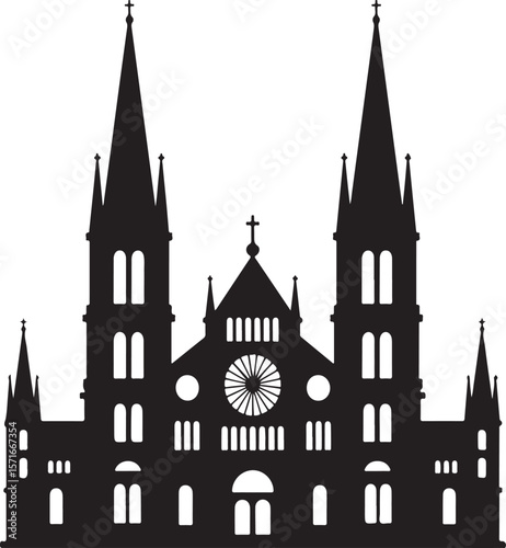 Gothic cathedral facade with twin spires and rose window silhouette