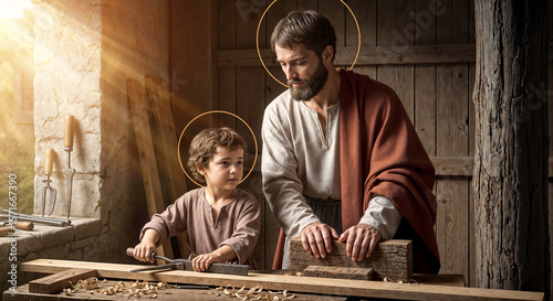Saint Joseph of Nazareth teaches Jesus Christ about carpentry. Father's Day. Saint Joseph the Worker.

