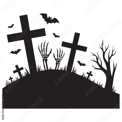 Spooky halloween graveyard scene with rising skeleton hands bats and a bare tree under a white sky