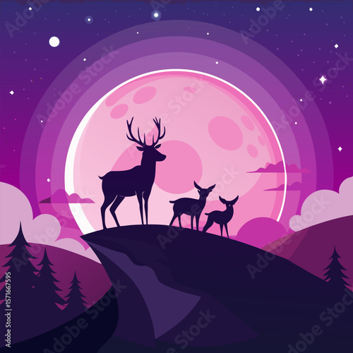 Composition of a circle an with elk staying on the top of the mountain