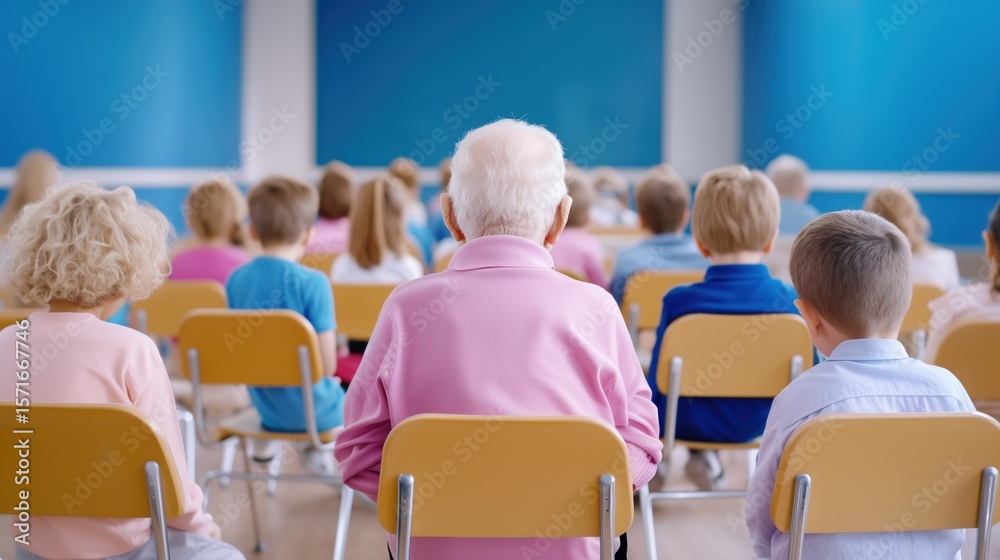 Obraz premium Back view of a man in a vest sits and studying at a desk surrounded of a group of children in a classroom. Education in any age concept