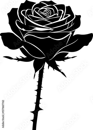 Elegant Black and White Rose with Thorns Vector Illustration