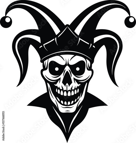 Vector art of a spooky jester skull with harlequin hat in black and white vector art