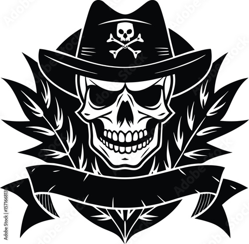 Vector art of a skull wearing a pirate hat with crossbones and a banner surrounded by leaves