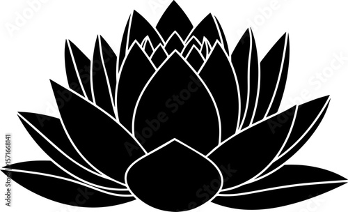 Stylized Black and White Lotus Flower Illustration with Sharp Petals