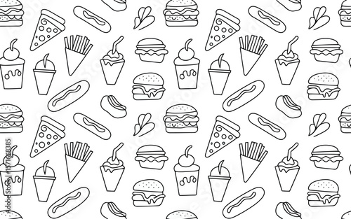 This image is a seamless black and white pattern composed of various fast-food items like burgers, pizza slices, hot dogs, fries, and milkshakes. 