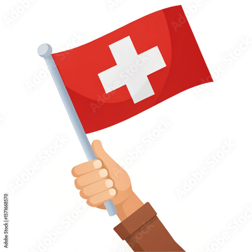Hand holding Swiss flag vector illustration. Flat style, isolated on white background. Switzerland national pride.
