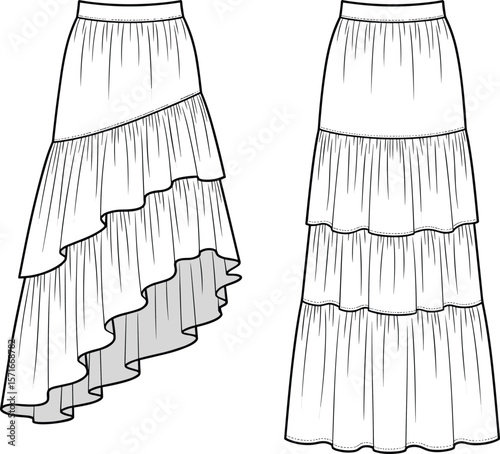 Graceful Tiered Skirt with Asymmetrical Hem and Ruffled Layers for Elegant Boho Style, Flowy Summer Wear