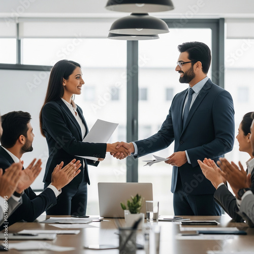 business people shaking hands in meeting. Boss praising proud Indian female employee. congratulating with corporate success, handshaking, express appreciation and recognition, colleagues clap hands.
