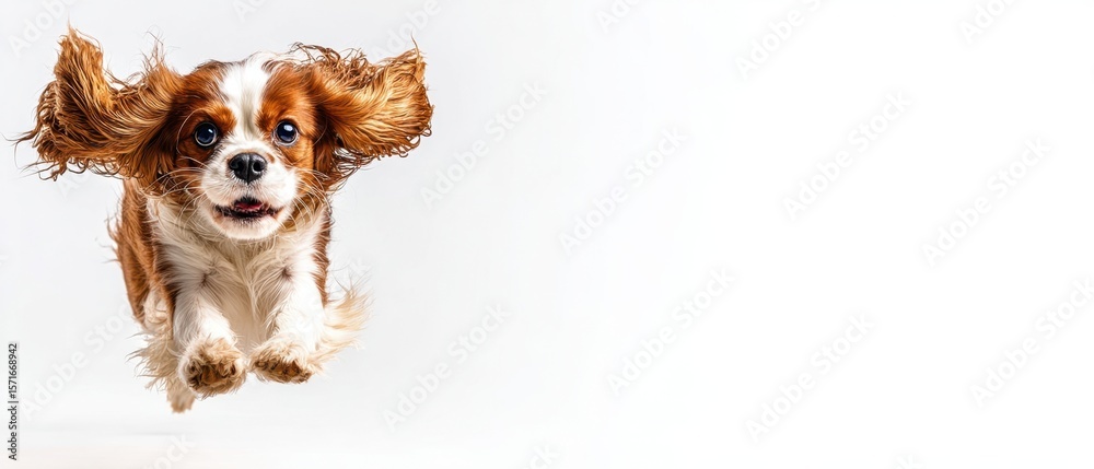 Fototapeta premium The joyful Cavalier King Charles Spaniel leaping through the air with excitement.