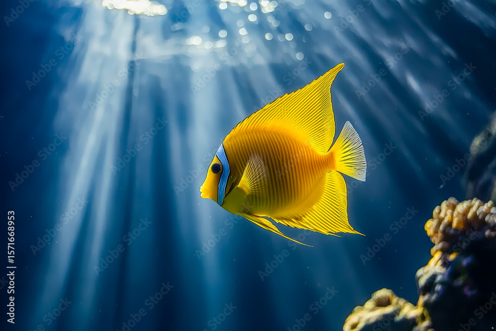 Naklejka premium Vibrant yellow fish swimming beneath sunlit ocean waters near coral reef