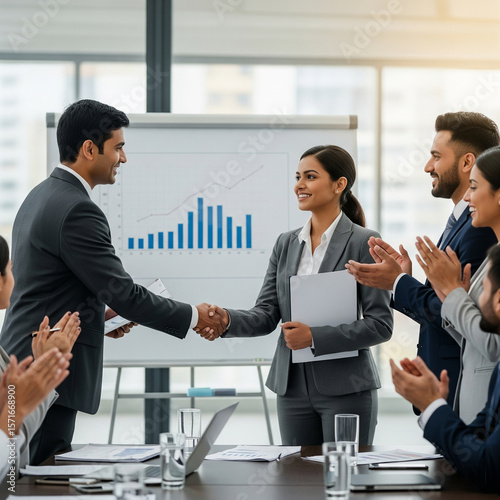 business people shaking hands in meeting. Boss praising proud Indian female employee. congratulating with corporate success, handshaking, express appreciation and recognition, colleagues clap hands.