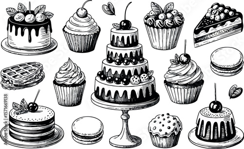 a variety of cakes, cupcakes, and macarons rendered in a detailed black and white sketch style.