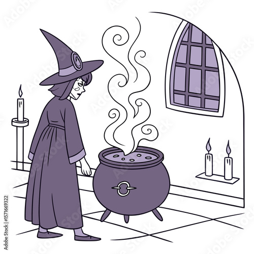 A witch stands over a cauldron with rising steam in a room with candles and a window with bars inside