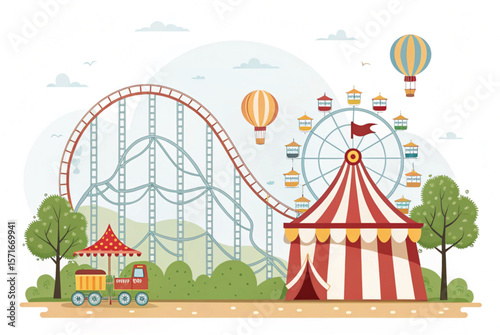  of a cartoon house with a roof. Carnival funfair, amusement park with circus tent, roller coaster, carousel and ferris wheel. Vector cartoon illustration of summer landscape with attract