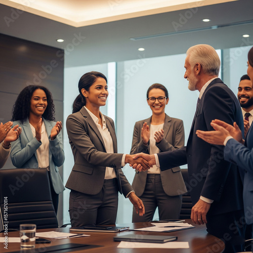 business people shaking hands in meeting. Boss praising proud Indian female employee. congratulating with corporate success, handshaking, express appreciation and recognition, colleagues clap hands.