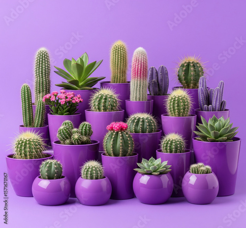 Collection of Cacti and Succulents in Purple Pots on a Purple Background