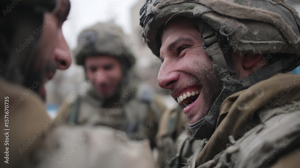 Fototapeta premium Smiling soldiers share a joyful moment amidst a gritty, wartime setting.