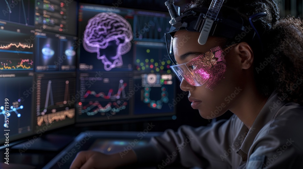 Fototapeta premium Woman using neurotechnology glasses analyzing brain scans displayed on screens in a futuristic laboratory