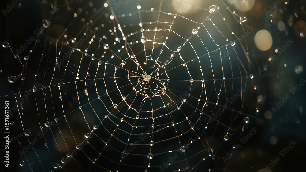 Naklejka premium Glowing Spiderweb Adorned with Luminous Dew Drops, Captured in a Cinematic Close-Up Against a Dark Background, Evoking Mystery and Natural Beauty