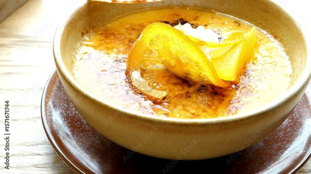 Closeup of creme brulee dessert with orange slices in a bowl Closeup of creme brulee dessert with orange slices in a bowl