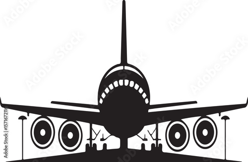 Front view of a commercial airplane with four engines on the tarmac silhouette