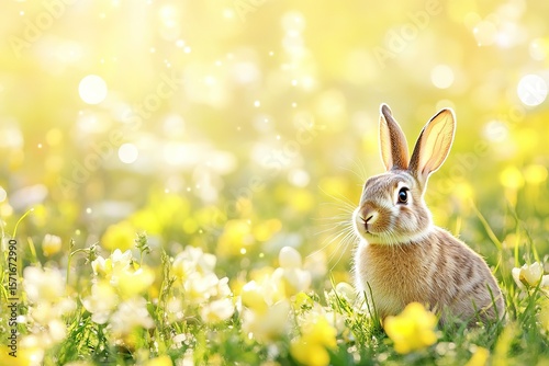Minimal product background for Easter, with bunny in garden