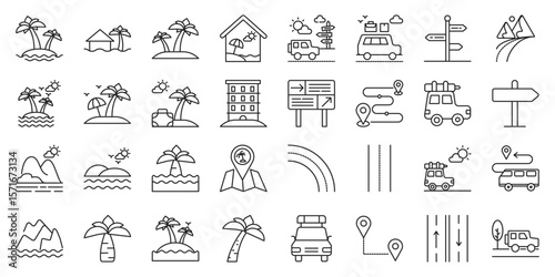 Island Road Trip Adventures set of web icons in line style. island road trip, coastal road trip, tropical island drive and scenic island routes. Vector illustration