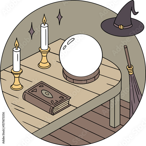 Illustration of a witchy scene with a crystal ball, book, candles, hat, and broom on a wooden table top